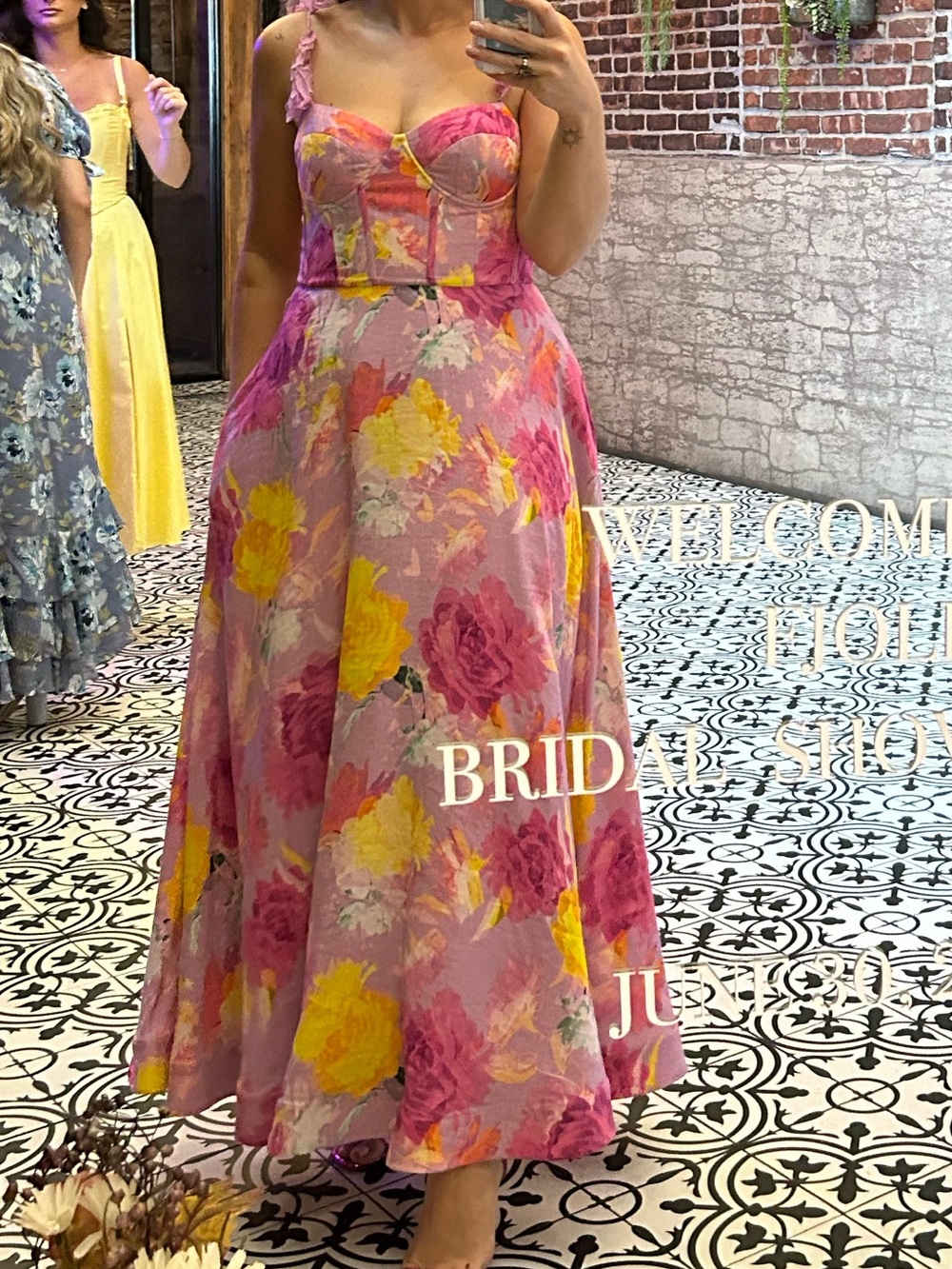 Monique Lhuillier Pink and Yellow Floral Midi Dress